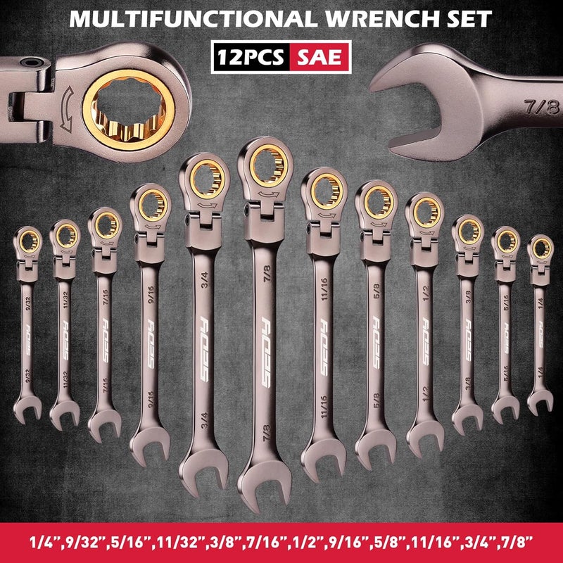 SEDY Premium 12-Piece SAE Flex-Head Ratchet Wrenches Set 1/4"-7/8" with Magnetic Organizer, Cr-V Steel Ratcheting Wrench Set with 72 Teeth 180° Flex Head, Ratchet Combination Wrench Set for Repair - Image 2